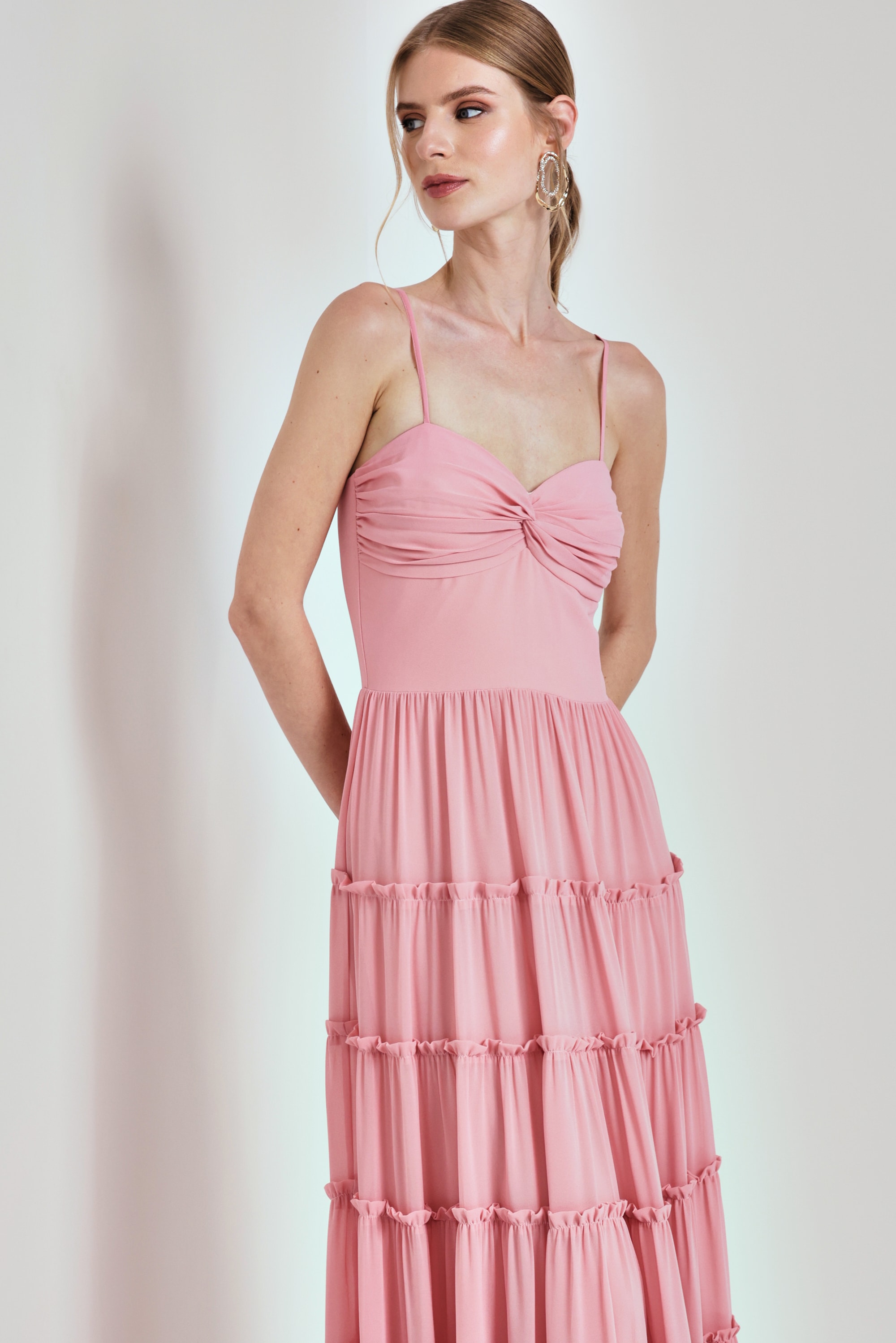 Vestido babados busto torcido Rosé
