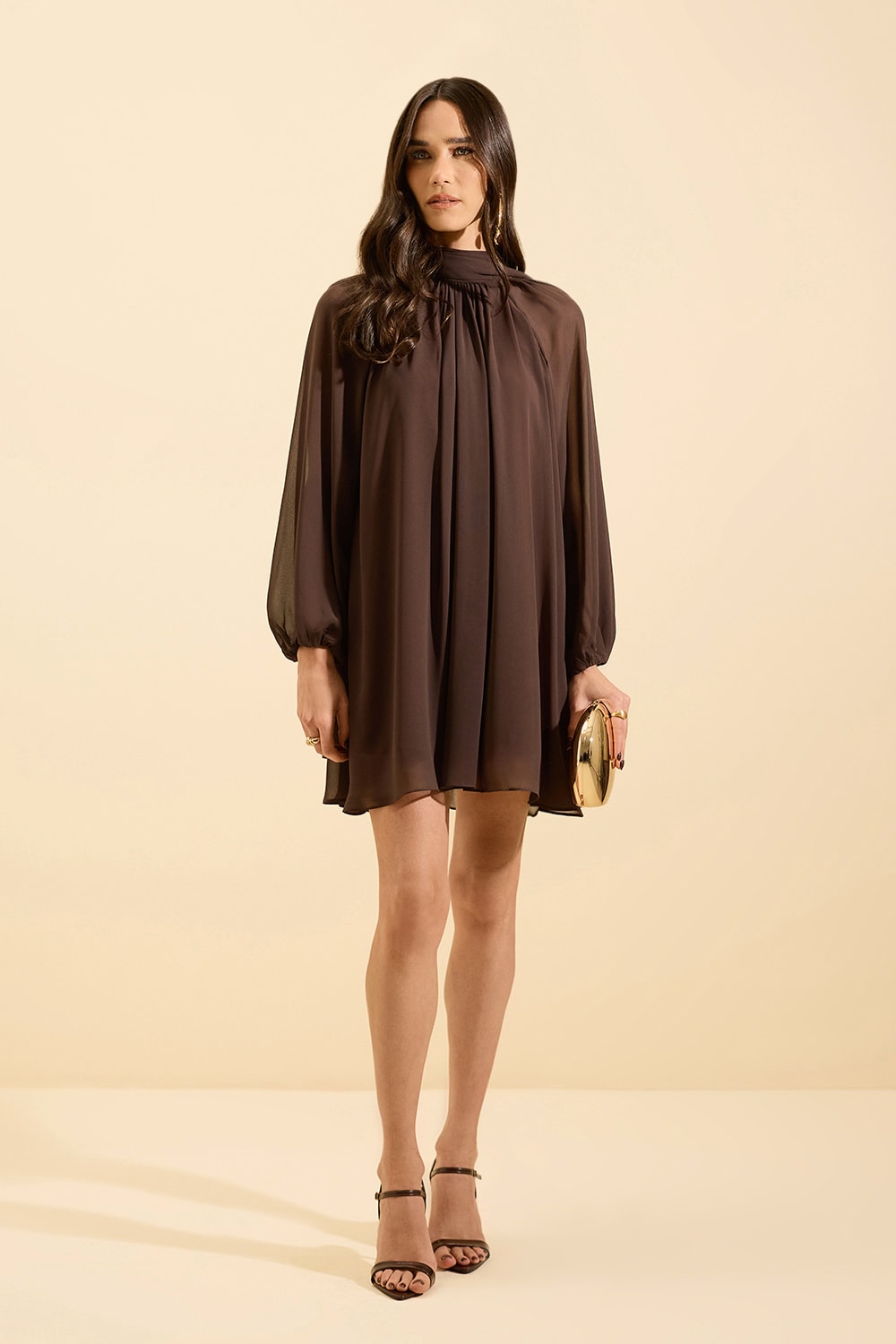 Vestido fiorella manga longa Café
