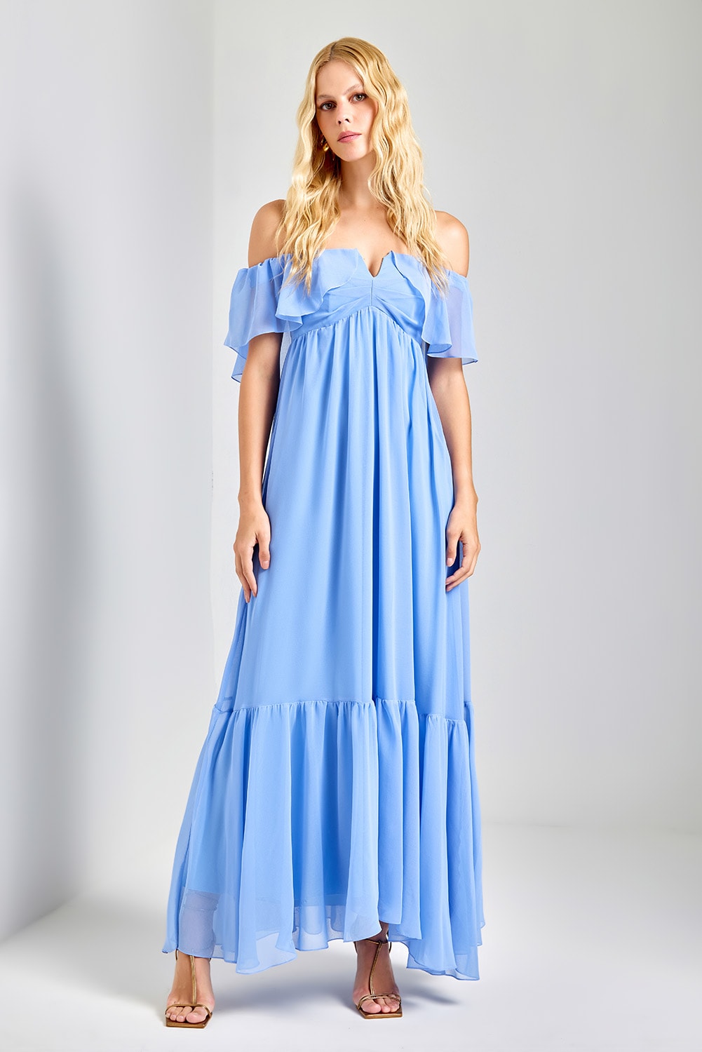 Vestido longo dueto das flores Azul
