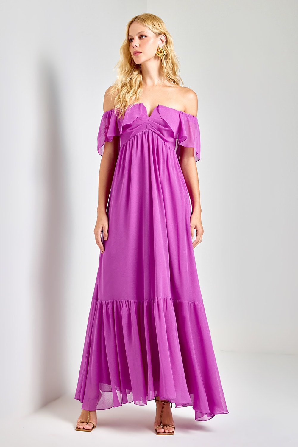 Vestido longo dueto das flores Magenta